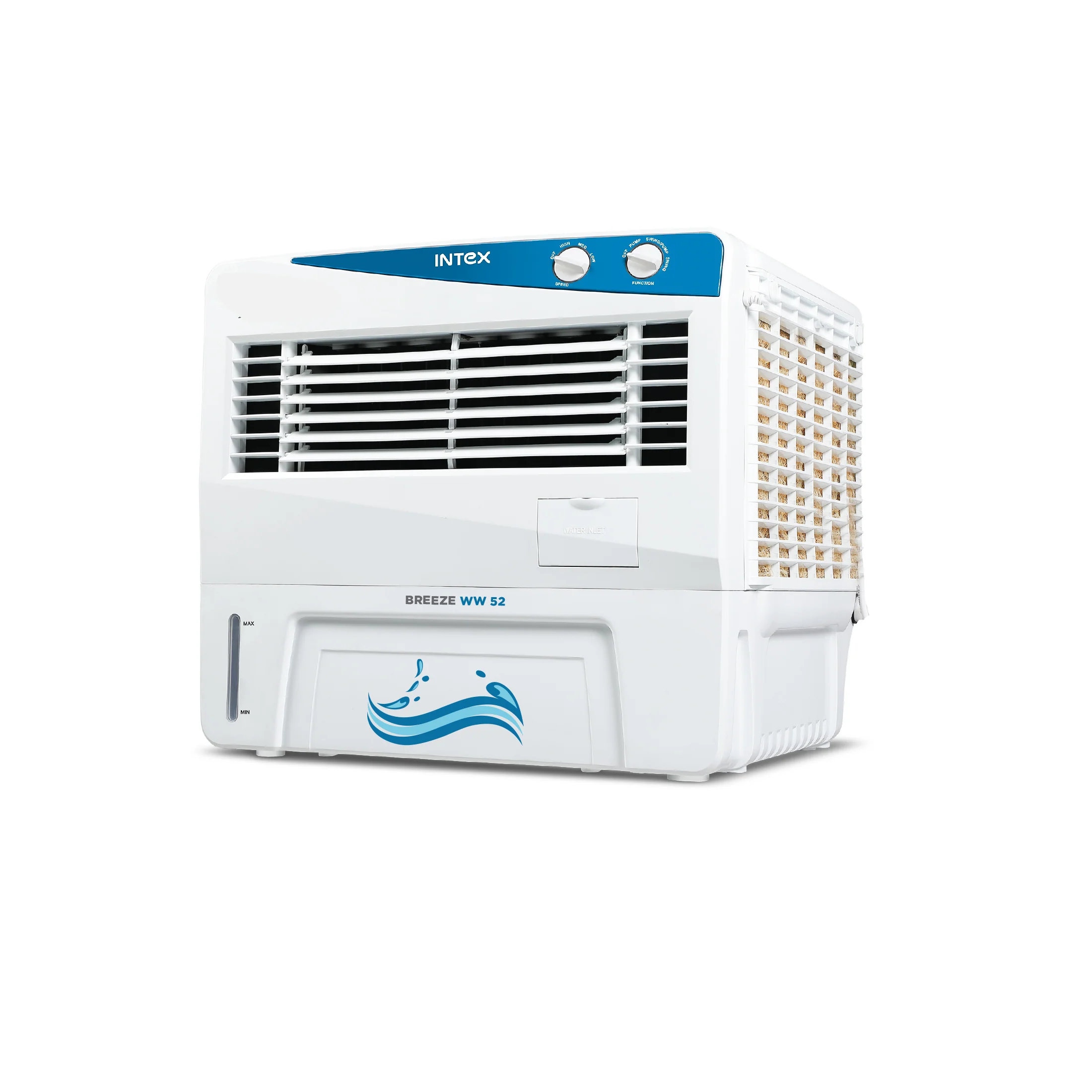 Intex Breeze WW 52 Litre Window Air Cooler Water Tank | Woodwool Cooling Pads, 11.9" High Air Delivery | 3 Speed Control, Low Noise | Inverter Compatible, Compact for Home, Office, Shop Use (White)